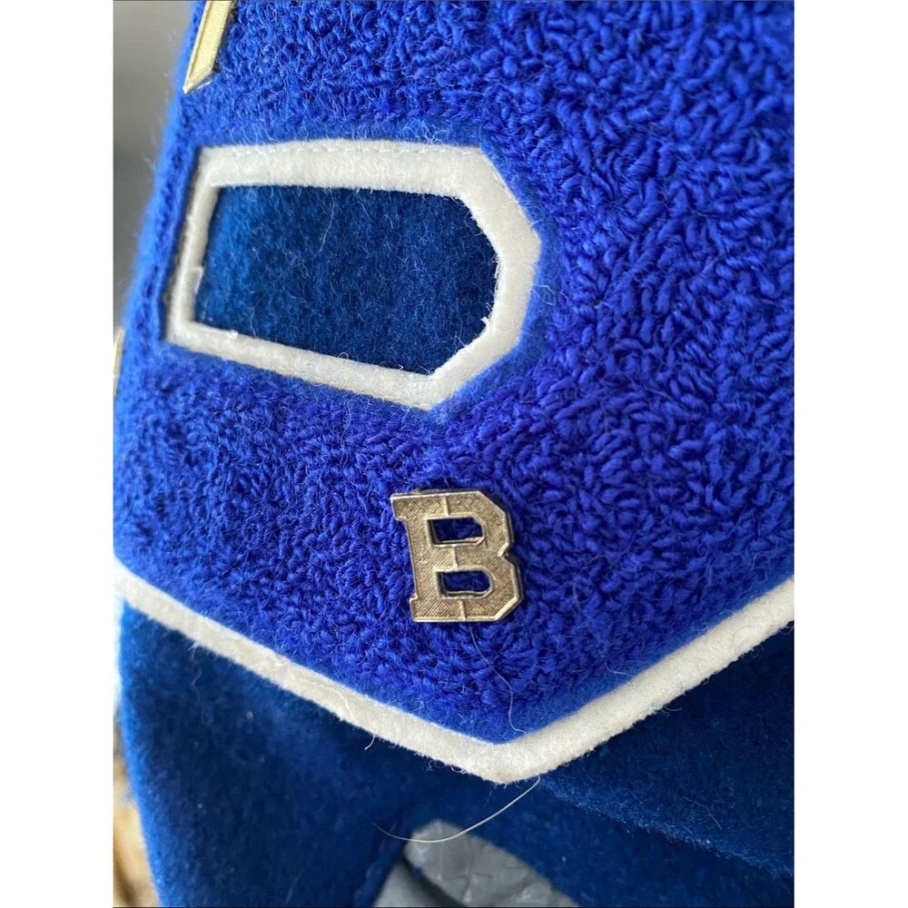 Vintage 80’ DeLONG Mens Varsity Letterman Jacket Wool Leather 46 L/XL Blue Grey